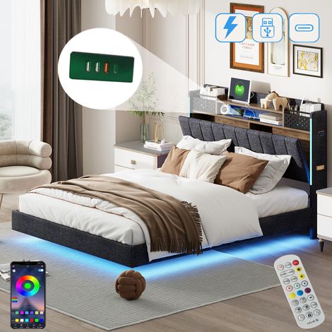 Letto matrimoniale 140x200 cm, con illuminazione LED, testata con contenitore, ricarica USB-A/C, rete a doghe in legno, struttura in metallo, letto capitonné in lino - Grigio