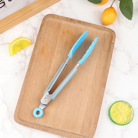 Pince à barbecue en silicone bleu ciel, pince de cuisine antiadhésive en acier inoxydable pour servir salades et pains. (1/5)