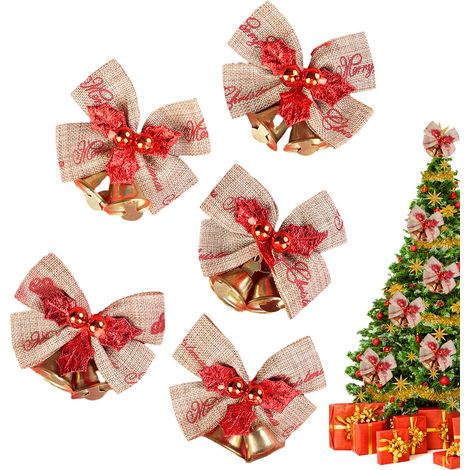 Ribbon Bow - 15 Pièces Boucles De Noël Avec Clochettes En Polyester - Pour Arbre De Noël Porte Guirlande Cadeaux - Rouge Or Vert (1/5)