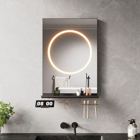 SIRHONA Anti-Fog Mirror lumineux de salle de bain  with avec étagère de rangement,  réglable en 3 couleurs, cadre noir élégant,50x70 cm