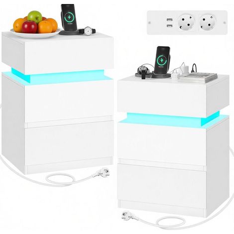 Lot de 2 tables de chevet blanches avec LED réglable et station de charge intégrée (1/5)