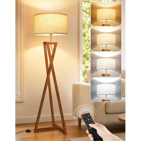 OUTON Wooden Floor Lamp with Remote Control and Dimmer, Brown  For bedroom, adjustable LED lighting, linen lampshade, solid wood frame (1/5)