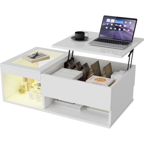 Table Basse 100x55x35 cm avec LED, Table d'appoint avec compartiment ouvert et Plateau Relevable, Table de canapé, pour salon, chambre à coucher, Petits Espaces, Bureau, Rectangulaire, blanc (1/5)