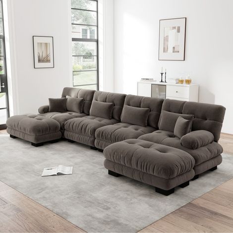 Canapé d’angle modulable en U 4 places en chenille marron, avec pouf mobile (1/5)
