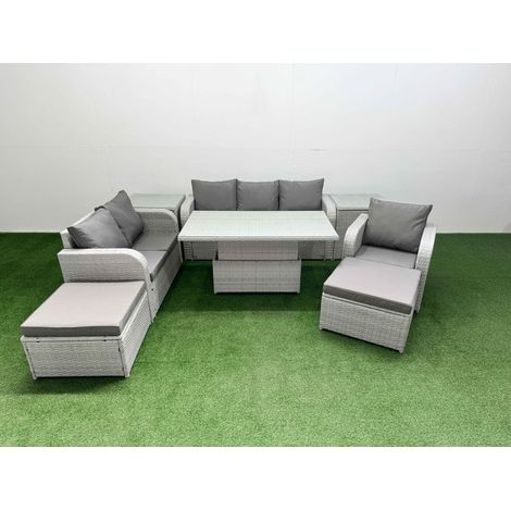 Fimous Patio PE Wicker 8 Seater Outdoor Rattan Furniture Sofa Sets with Adjustable Lifting Dining or Coffee Table Reclining Chair Loveseat Sofa 3 Seater Sofa 2 Big Footstools 2 Side Table Light Grey (1/5)