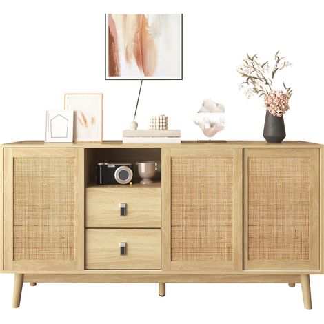 Sideboard mit 3 Schiebetüren aus echtem Rattan und 2 Schubladen, 155x38x80 cm, atmungsaktiv, stabil und vielseitig (1/5)