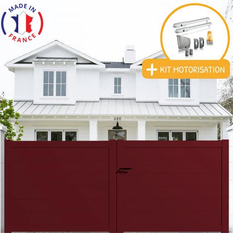 Portail aluminium battant plein en kit + Motorisation dimensions L.4000 (entre piliers ) X H.1700 mm SGS Essential (vérins) Couleurs Rouge (RAL 3004) (1/2)
