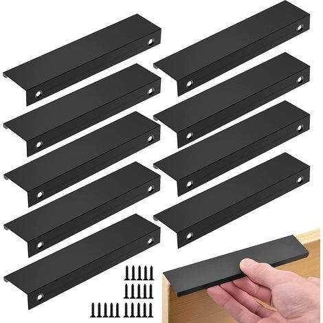 Set mit 10 schwarzen Griffen, schwarzen Möbelgriffen – unsichtbarer Griff, schwarzen Küchenmöbelgriffen, mattschwarzen Möbelgriffen aus Aluminiumlegierung, Abstand 96 mm, 10 Griffe + 20 Schrauben