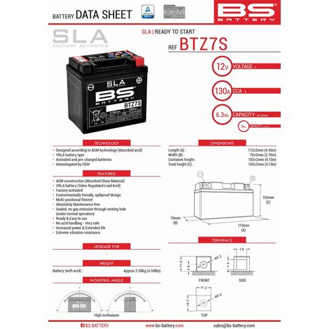 BATTERIA BS BTZ7S (FA) (YTZ7S) 12V 6AH 112X69X103 SENZA MANUTENZIONE - A ACQUA LIBERA (130A) (8)