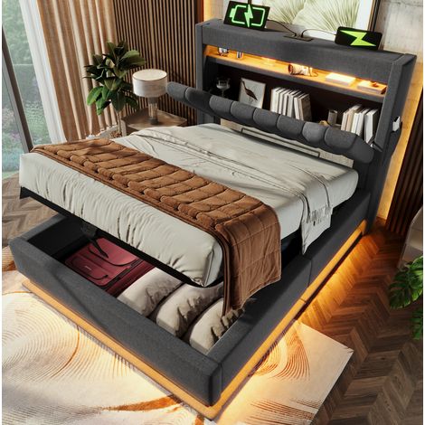 Bettgestell 90x200 cm grau aus Leinen mit LED-Beleuchtung, USB-C-Ladefunktion und Stauraum (1/5)