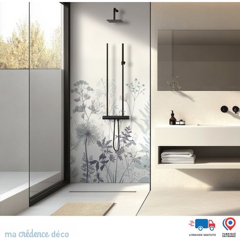 Panneau de douche : Dessin et fleurs sauvages 2 - Couleur Bleu pastel - Alu composite - 90 - 245 (1/3)
