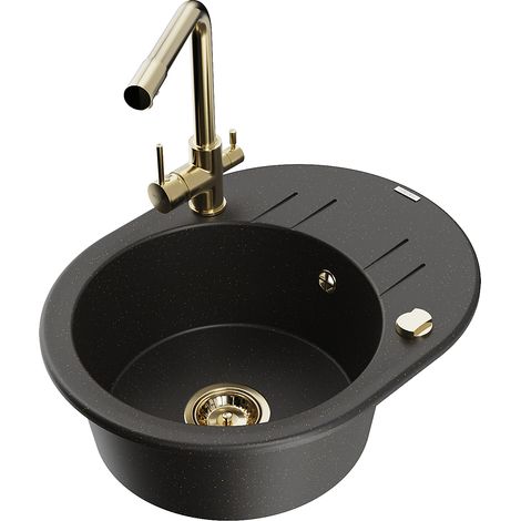 Mexen Kevin fregadero de granito 1 seno con escurridor y grifo de cocina Duero, negro/dorado metálico - 6517-75-671600-50 (1/5)
