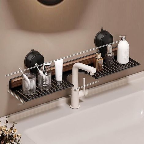 Étagère Salle De Bain - Noyer - Ventouse - Sans Perçage - Au-Dessus Robinet - 50 Cm (1/4)