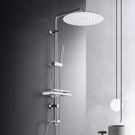 Görbach Colonne de douche chromée adaptable sur robinetterie existante, douche pluie ronde Ø30 cm avec tablette intégrée (1/5)