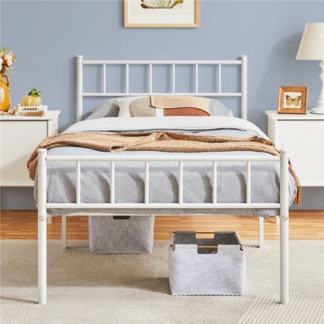 Yaheetech – Lit adulte en métal 90x200 cm – Structure robuste avec lattes – Hauteur de tête de lit 88,5 cm – Garde au sol 32 cm – Blanc (1/5)