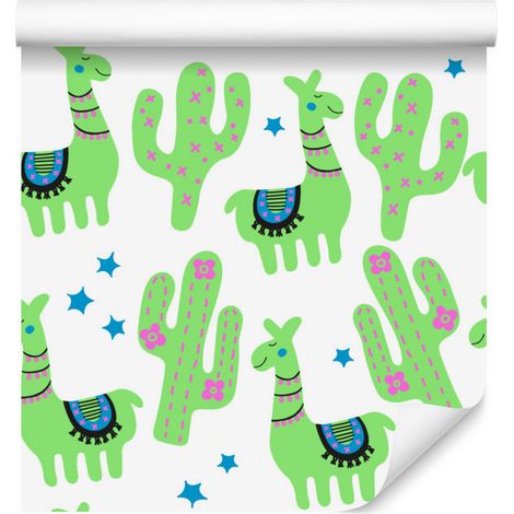 Papier peint Lama, cactus et verdure pour salon et chambre 50x1000 cm (1/5)