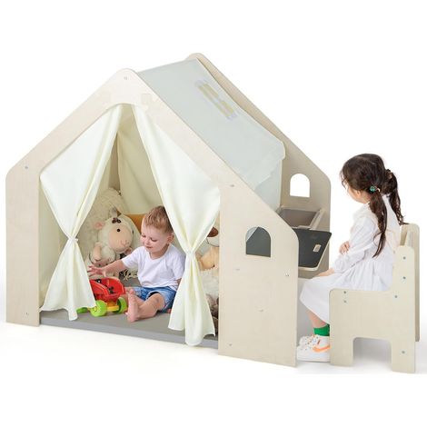 Goplus – Tente d’activité en bois pour enfants 2-6 ans – Maisonnette 6 en 1 avec tapis, tableau noir, table, chaise – Dimensions 131x98x113cm