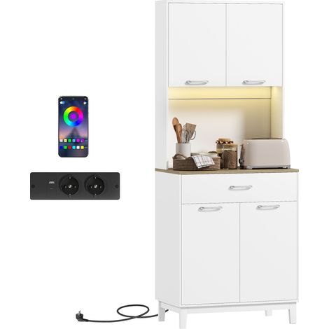 Credenza design LED avec prises électriques et USB, 2 armoires et tiroir, 71x40x180 cm, blanc