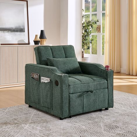 Poltrona letto 3 in 1 verde, con porta USB/USB-C, porta bicchieri e schienale reclinabile (1/5)