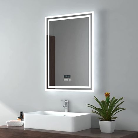 EMKE Backlit Illuminated Bluetooth Bathroom Mirror with Shaver Socket, 500x700MM Bathroom Mirror with Demister, Clock, 3 Color (1/5)