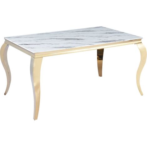 Homy France – Table de salle à manger baroque 4 à 6 couverts – Plateau en verre trempé effet marbre blanc – Pieds en acier inoxydable doré – 150x90x75 cm