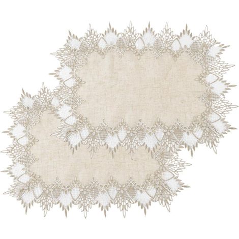 2er Set Leinen Tischdecke Beige mit Spitze 35x50cm Rechteckig