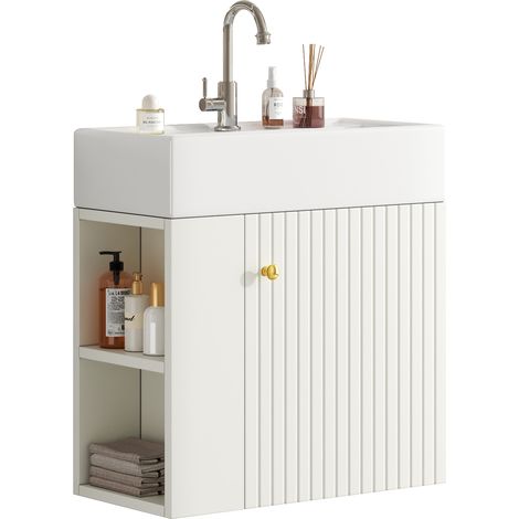 Mueble bajo lavabo con 1 Puerta y Estantes Laterales con Cierre Suave para Bano en Tablero de Particulas Blanco (1/5)