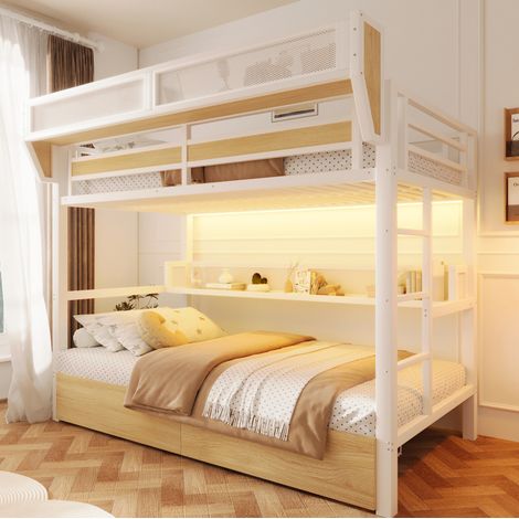 Litera 90x200 cm de metal y MDF blanco con almacenaje LED sin colchones - CHICFURN (1/5)