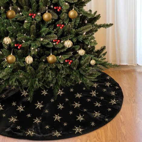 Jupe de sapin de Noël 78 cm en fausse fourrure noire et flocons de neige, coussin de sapin à paillettes dorées, décoration pour les fêtes du Nouvel An (1/5)
