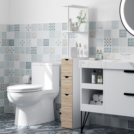 Colonne salle de bain en bois, 15x33x136.8 cm, avec meuble, tiroirs et étagères, rangement gain de place et optimisé