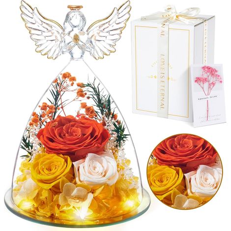 Rose Eternelle Cadeau Femme, Fleur Préservées avec Ange Figurine, Idee Rosee Cadeau pour Elle, Maman Amie Épouse Sœur Mamie, Cadeaux Noel, Saint Valentin, Fete des Meres, Anniversaire (1/5)