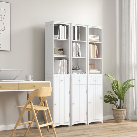 Armoire colonne salle de bain blanche MDF, 3 étagères, 34x24x170cm, meuble de rangement vertical gain de place pour chambre (1/5)