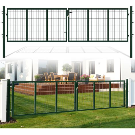 TolleTour Puerta de jardín de doble hoja - 350 x 100 cm, verde - Puerta peatonal de rejilla - con manilla, cerradura, llaves y cierre en el suelo - Acero
