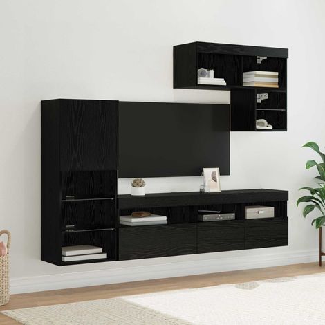 vidaXL  TV Wall Units  Wall-mounted 6 pcs Black Oak Engineered Wood