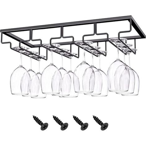 Support à Verre à Vin, Porte-verres à vin en métal, Porte-Verres à Pied Suspendu Support, Porte-Verres, avec Vis de Montage, 4 Rangées de Grande Capacité, pour Bar Cuisine, 40 x 22,5 x 6cm(Noir) (1/5)