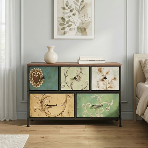 Commode 5 tiroirs, tiroirs tissu, cadre mĂ©tallique, style rĂ©tro, 100x30x55 cm, meuble de rangement pour chambre et salon, Multicouleur (1/5)