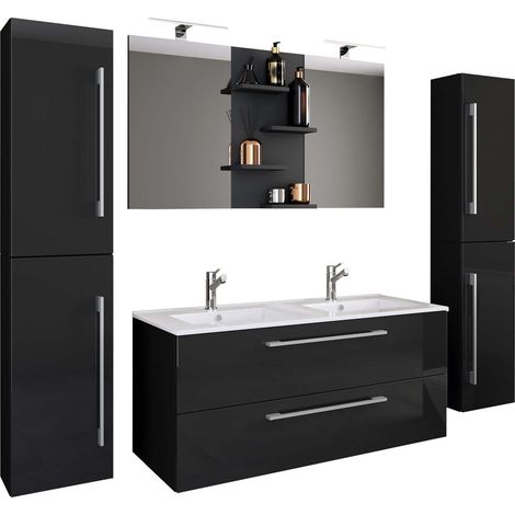 Ebuy24 – Ensemble de meubles de salle de bain avec double lavabo céramique 110x46 cm – Armoire avec 2 tiroirs et miroir avec étagères – VCM Budasi (1/3)