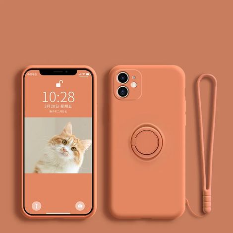 Coque de téléphone en silicone liquide souple (pour iPhone 12 mini orange) avec support, anneau et dragonne. (1/5)