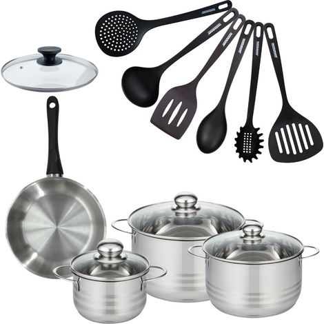 Set de 1 poêle 20 cm en inox, couvercle verre, 3 faitouts inox 16, 20 et 24 cm et 6 ustensiles RPET Fackelmann Geneva (1/5)