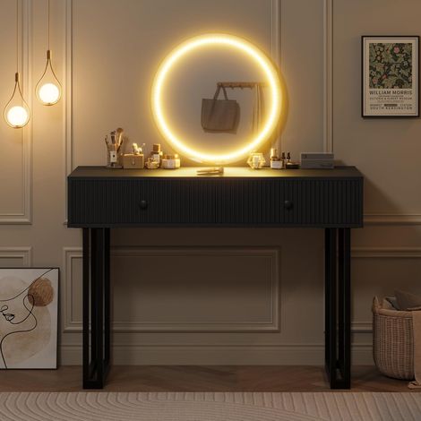 Coiffeuse avec Miroir LED Noir, 3 Couleurs de Lumière Réglables, 2 Tiroirs, Noir (1/5)