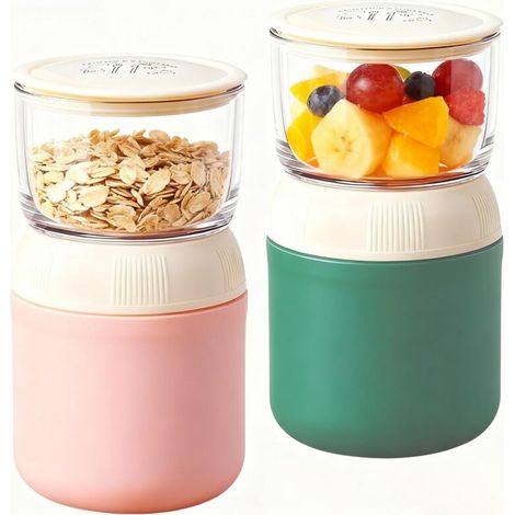 Lot de 2 gobelets à céréales et yaourt anti-fuite 400 ml + 300 ml avec cuillères incluses, lavables au lave-vaisselle (1/5)