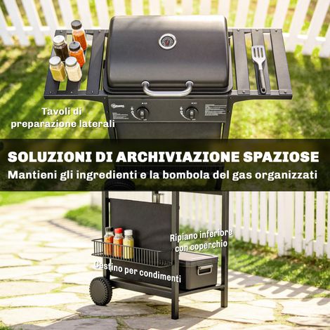 Barbecue gaz 2 feux latéral avec étagères, récupérateur d'huile noir (1/5)