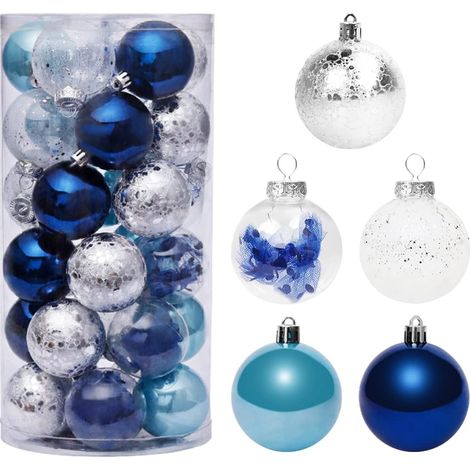 QAZQA Boules de Noël Bleu 6 CM, Lot de 30 Boules de Noël Ornements en Plastique, Suspendues Ornements de Boule, Décorations d'arbre de Noël (1/5)