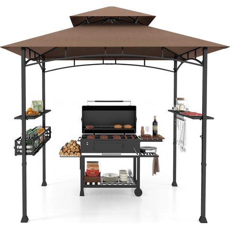 Tonnelle pour Barbecue 242 x 153 cm, 2 Etagères Latérales, Panier de Rangement, Crochets de Suspension, Décapsuleur, Events, Marron (1/5)