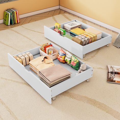 Tiroir pour Lit cabane, tiroir pour lit enfant, avec 2 tiroirs, MDF + roulettes, 93x67x20cm, tiroir pour lit superposé, tiroir pour lit simple - Blanc (tiroir seul) (1/5)