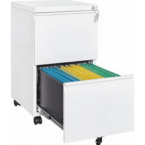 Caisson de classement métallique mobile 2 tiroirs avec serrure et roulettes, sous bureau, dossiers suspendus A4/Lettre/Légal, glissières fluides, 37 x 44 x 66 cm – Couleur : Blanc (1/5)