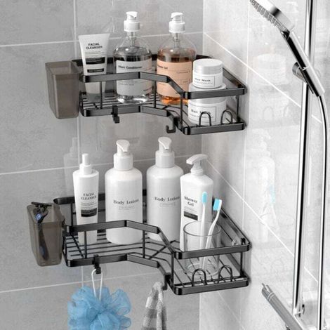 Étagère d'angle pour salle de bain - Étagère murale - Étagère de douche - Étagère d'angle murale - Étagère d'angle sans perçage - Étagère d'angle pour salle de bain - Noire (1/4)