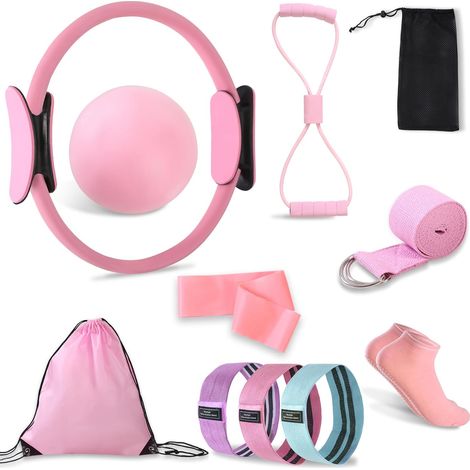 Ensemble d'accessoires de Pilates avec balle de yoga, bande de résistance en forme de 8, sangle de yoga, bandes de fitness, chaussettes de pilates et sac portable, kit essentiel pour femme (1/5)