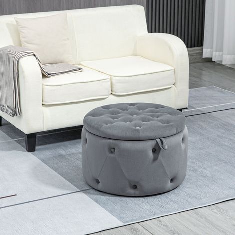 Tabouret rond avec compartiment de rangement, design matelassé avec boutons, revêtement aspect velours, gris, 60 x 60 x 40 cm (1/5)