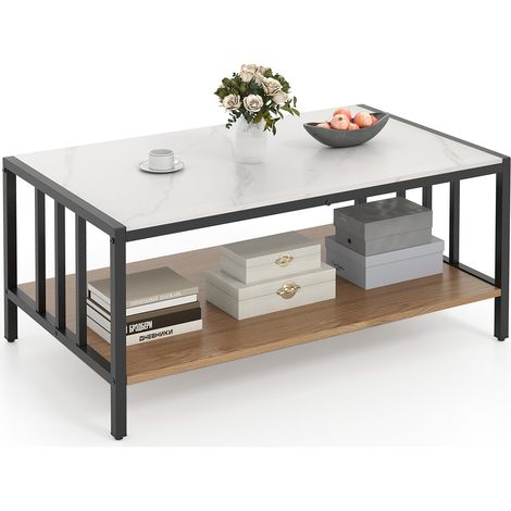 COSTWAY 2-Tier Coffee Table Rectangular Center Table w/Storage Shelf-White (1/5)